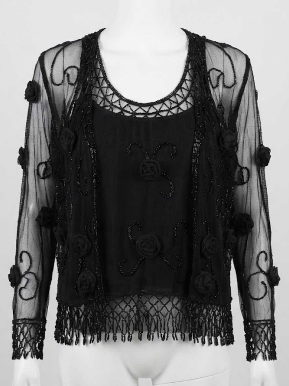 Vintage Flapper Black Beaded Fringe Sheer Mesh Top & Cardigan Set